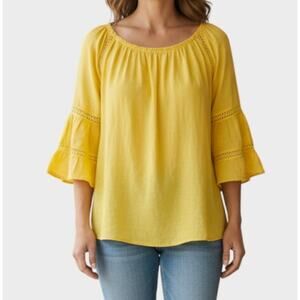 C est 1946 Large Yellow Bell 1/2 Sleeve Round Neck Gauzy Top Rayon Polyester